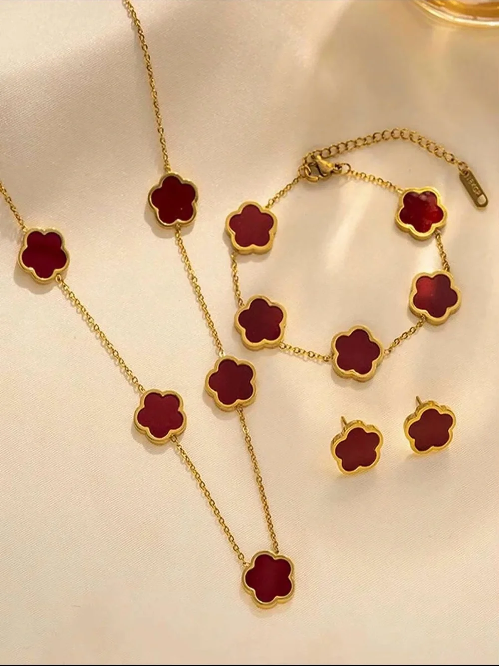 Gold Plated Red Clover Pendant Necklace, Bracelet & Stud Earrings Set